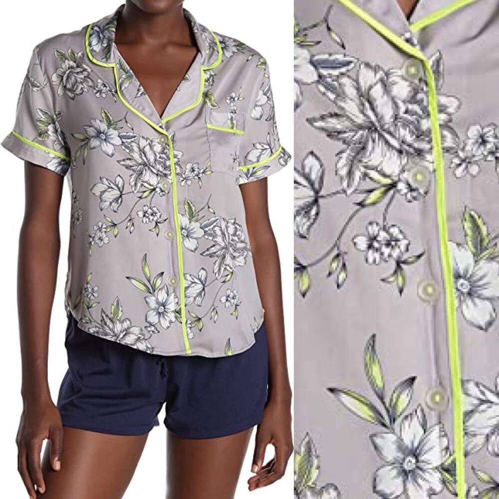 Room Service Gray Floral Satin Neon Trimmed Pajama Top